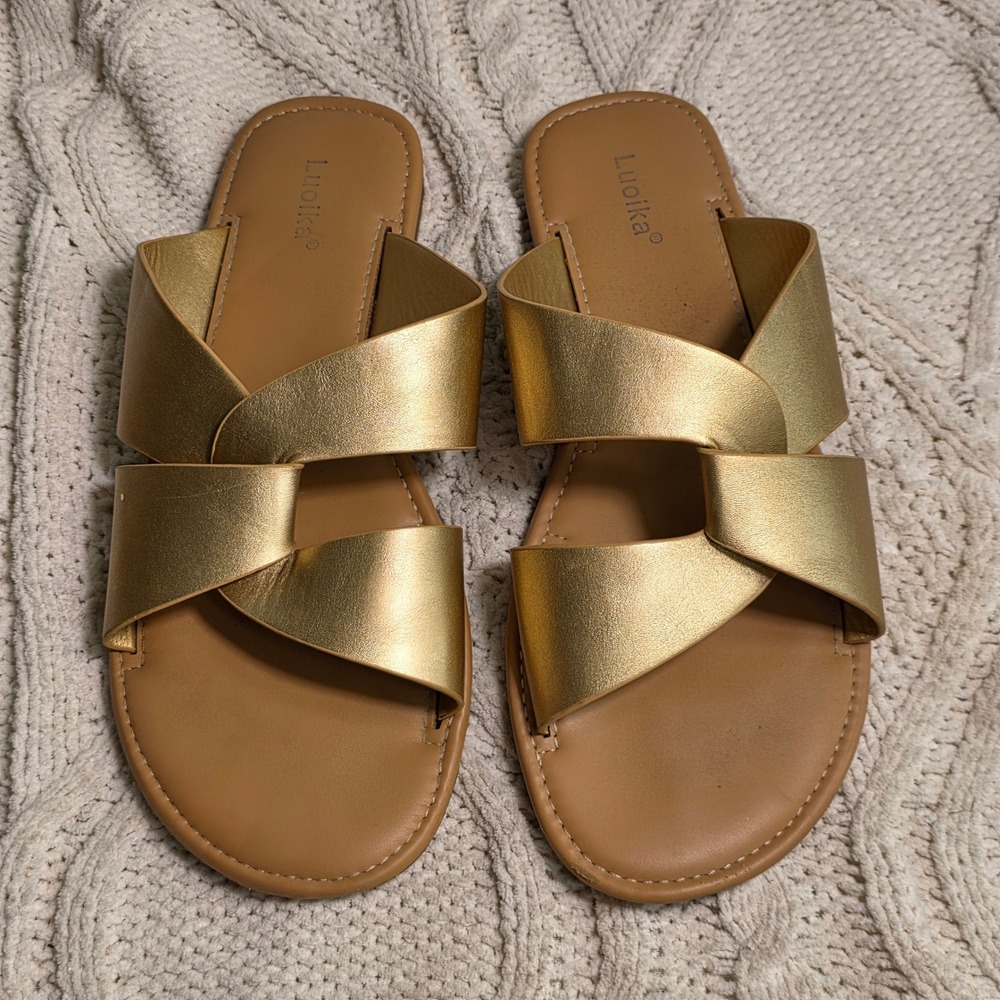 Luoika Slide Sandals Gold Metallic Crisscross Strap‎ Womens 12.5-13 Extra WIDE